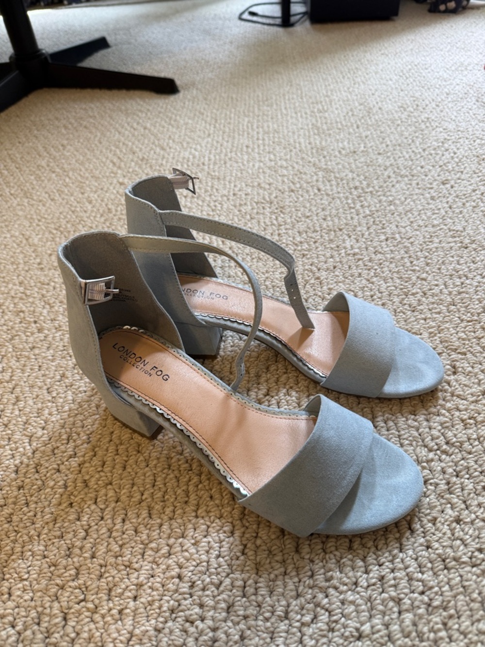 London Fog Women's Light Blue Suede Block Heel Sandals with Ankle Strap